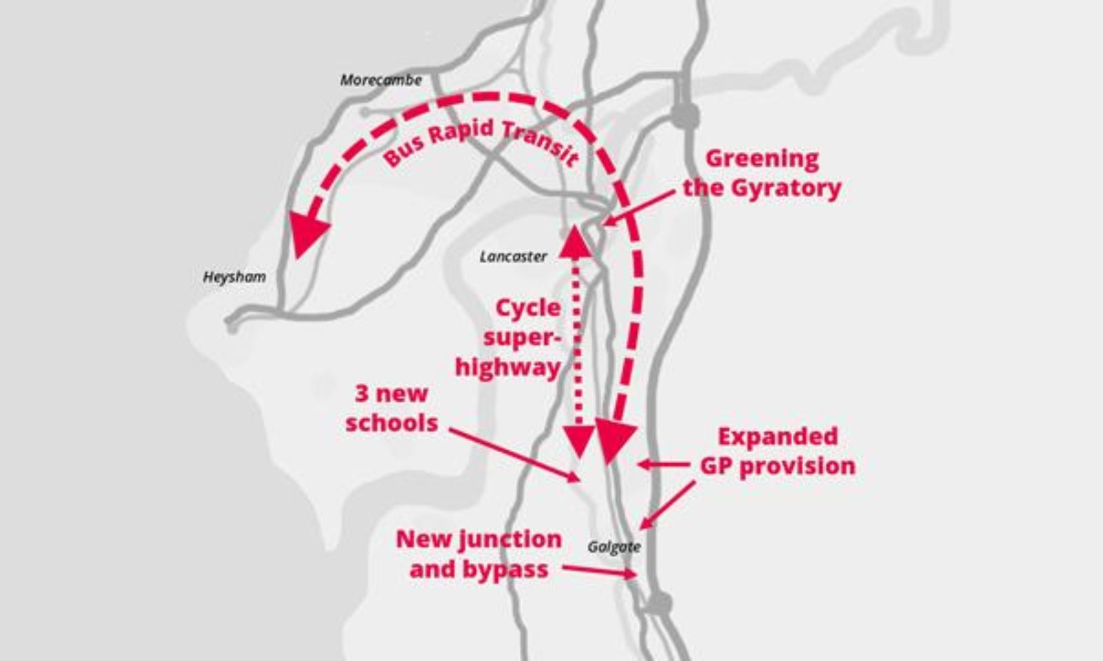 On a base outline of the Lancaster district, diagram illustrates infrastructure supported by the South Lancaster Growth Catalyst.