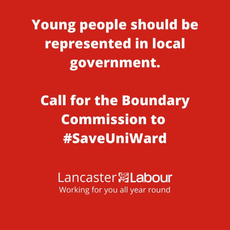 Image reads - young people should be represented in local government. call for the boundary commission to #SaveUniWard